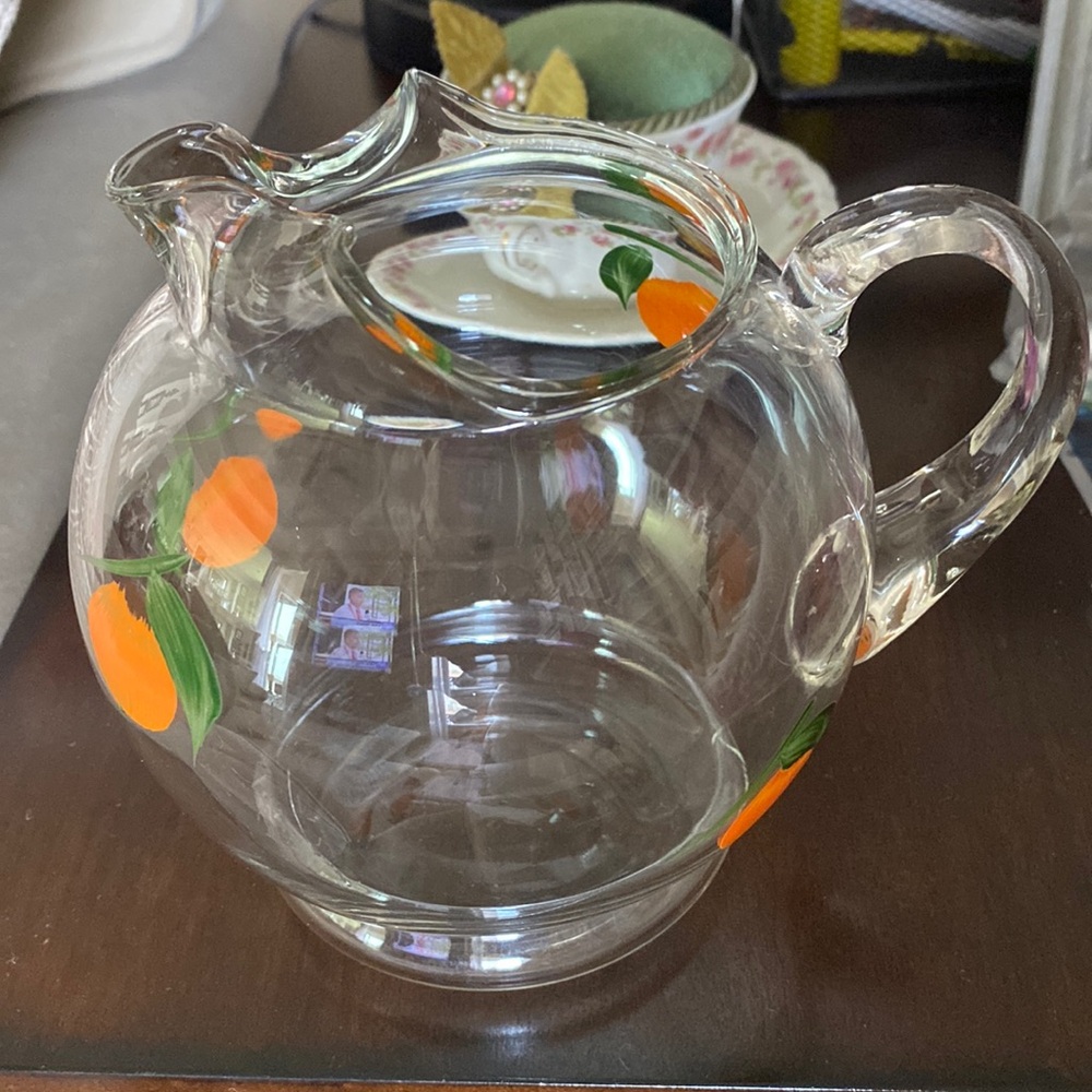 Fun! MCM Bulbous Glass Hand Painted Orange Juice Pitcher!